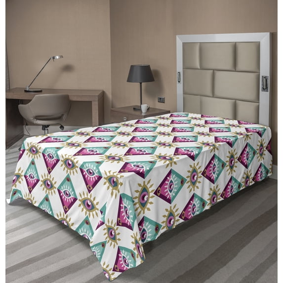 Ambesonne Fantasy Flat Bedding Sheet Soft Top Sheet, Esoteric Psychedelic Eyes, Twin, Pink and Dark Seafoam
