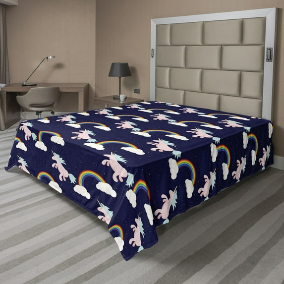 Ambesonne Fantasy Flat Bedding Sheet Soft Top Sheet, Unicorn Rainbow Cartoon Art, California King, Navy Blue and Pale Seafoam