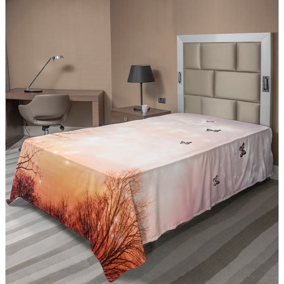 Ambesonne Fantasy Flat Sheet, Butterflies Trees Sky, TwinXL Size, Pale Pink Orange