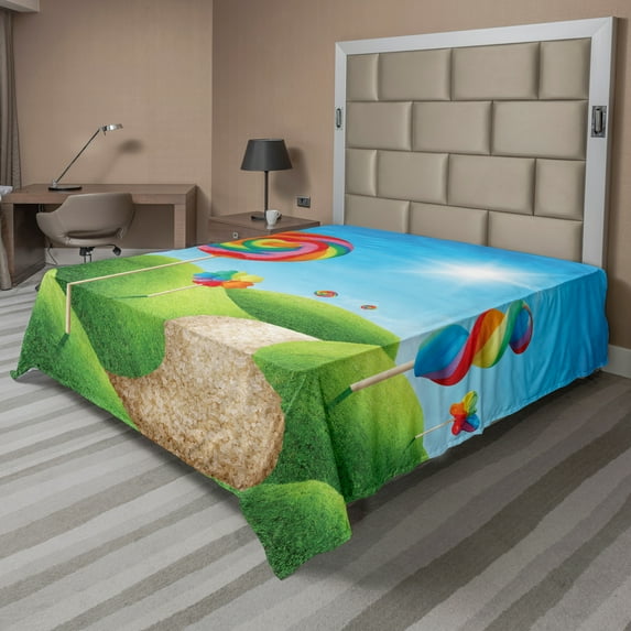 Ambesonne Fantasy Flat Sheet, Candy Land Lollipops, Queen Size, Green Blue Red