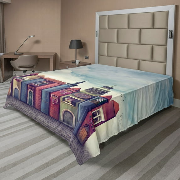 Ambesonne Fantasy Flat Sheet, City of Old Books Birds, Queen Size, Red and Blue