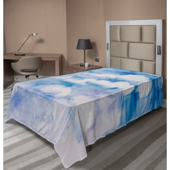 Ambesonne Fantasy Flat Sheet, Cloudy Sky Serene, TwinXL Size, Sky Blue White