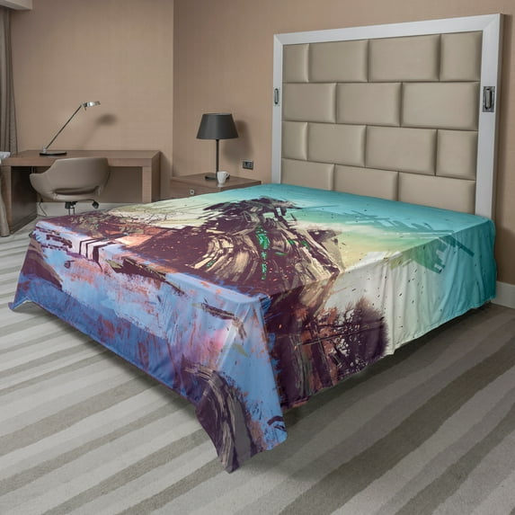 Ambesonne Fantasy Flat Sheet, Crashed Spaceship Art, Queen Size, Blue Green