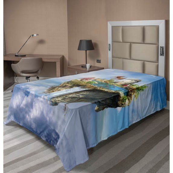 Ambesonne Fantasy Flat Sheet, Dragon Castle Tower, TwinXL Size, Green and Blue
