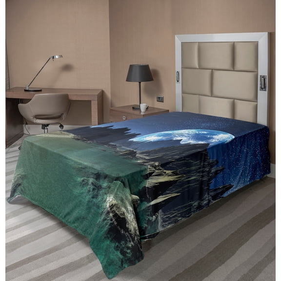 Ambesonne Fantasy Flat Sheet, Earth from Alien Shores, TwinXL Size, Dark Blue Jade Green