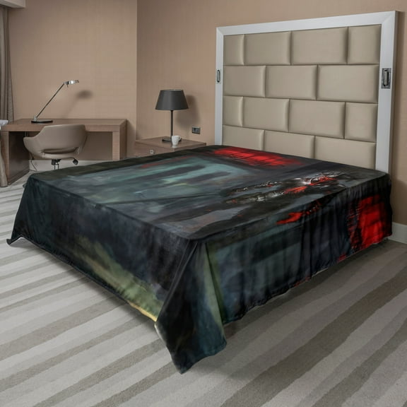 Ambesonne Fantasy Flat Sheet, Fantasy Building Gothic, Queen Size, Grey and Red