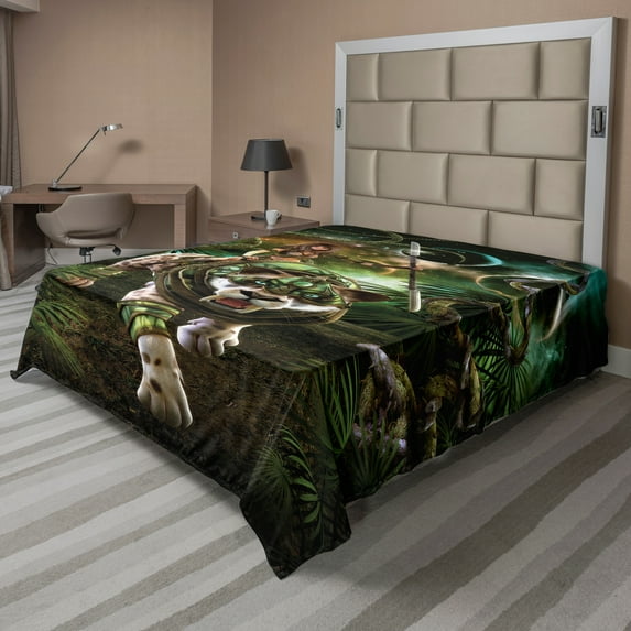 Ambesonne Fantasy Flat Sheet, Fantasy Tiger Galaxy, King Size, Green