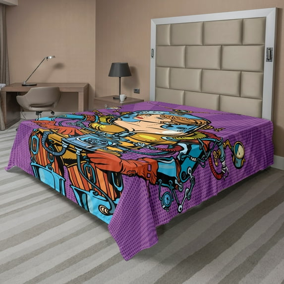 Ambesonne Fantasy Flat Sheet, Futuristic Sci-Fi Woman, Full Size, Purple Sky Blue Marigold
