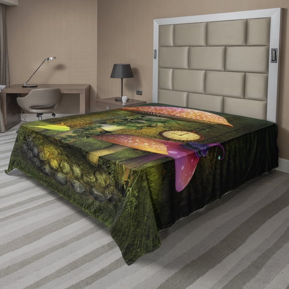 Ambesonne Fantasy Flat Sheet, Giant Mushroom and Elve, King Size, Green Coral