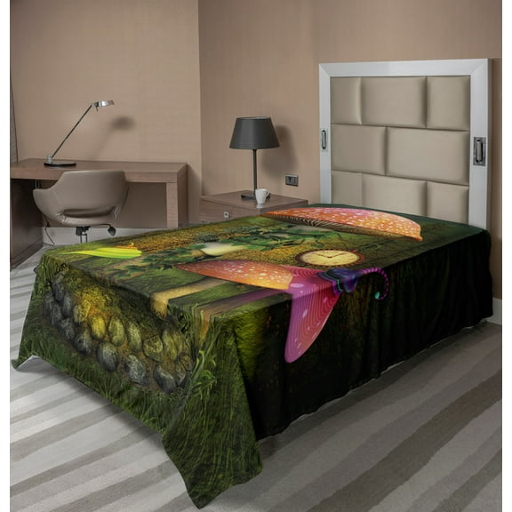 Ambesonne Fantasy Flat Sheet, Giant Mushroom and Elve, Twin Size, Green Coral
