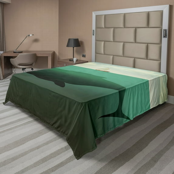 Ambesonne Fantasy Flat Sheet, Giant Whale Sailboat, California King, Green Beige