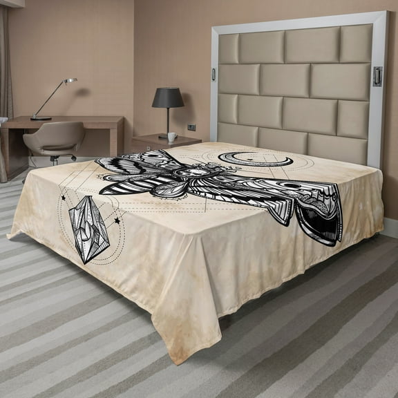 Ambesonne Fantasy Flat Sheet, Hawk Moth Skull Magic, Full Size, White Black and Cream