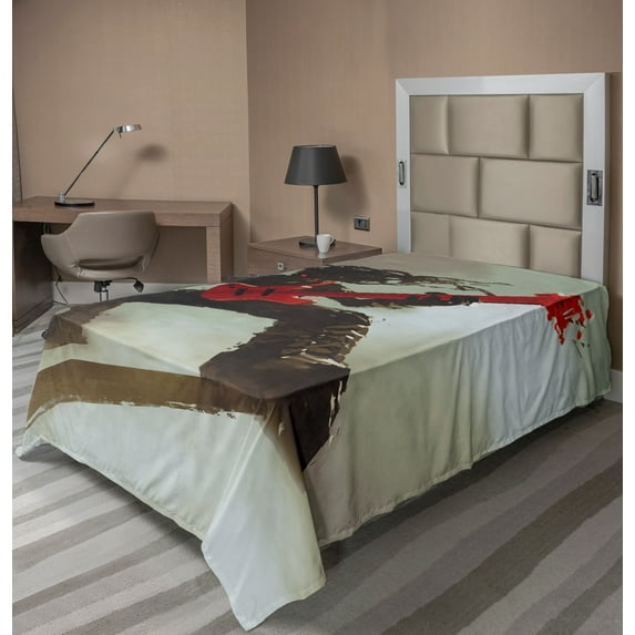 Ambesonne Fantasy Flat Sheet, Hipster Rocker Guitar, TwinXL Size, Red Grey