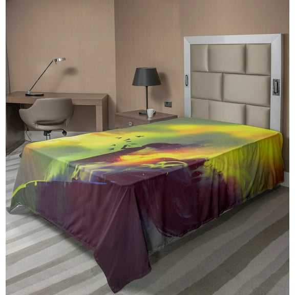 Ambesonne Fantasy Flat Sheet, House in Warm Tones Dream, Twin Size, Yellow Green