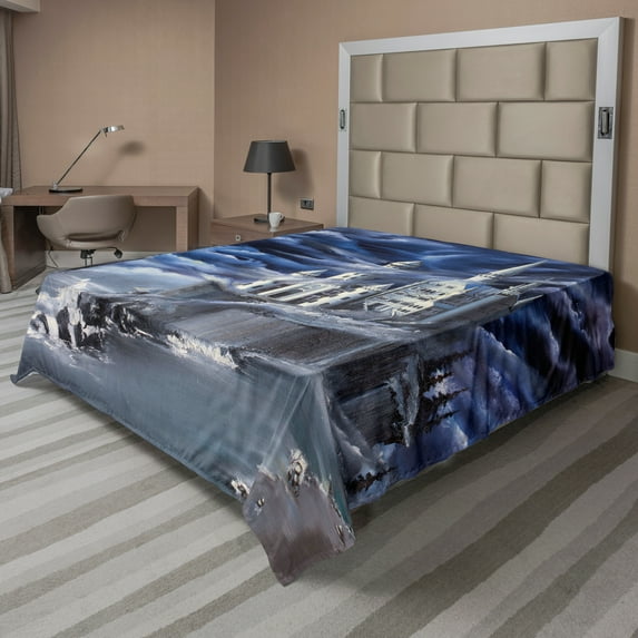 Ambesonne Fantasy Flat Sheet, Island Castle Full Moon, Full Size, Dark Blue Grey White