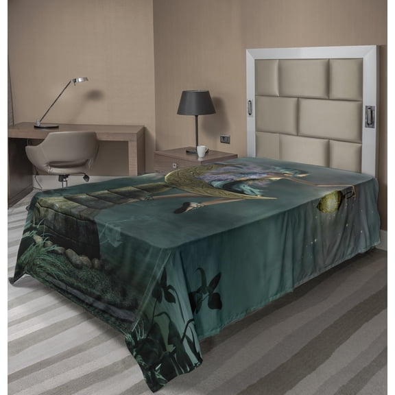 Ambesonne Fantasy Flat Sheet, Little Pixie in Forest Art, TwinXL Size, Yellow Lilac Teal