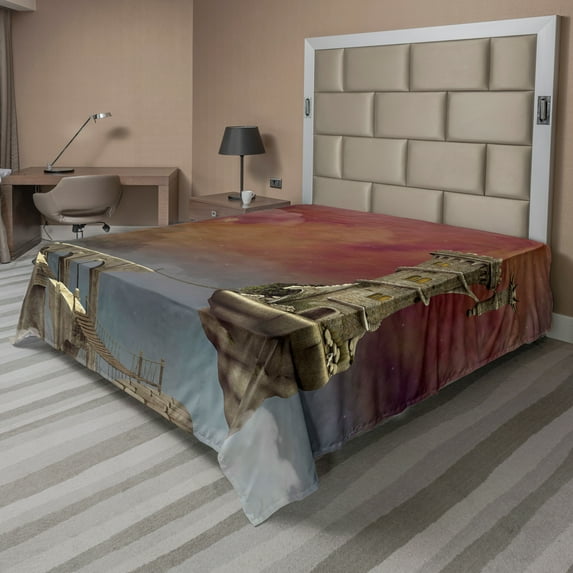 Ambesonne Fantasy Flat Sheet, Medieval Castle, Queen Size, Burnt Sienna Blue and Tan