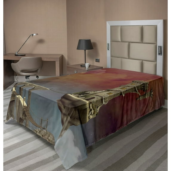 Ambesonne Fantasy Flat Sheet, Medieval Castle, TwinXL Size, Burnt Sienna Blue and Tan