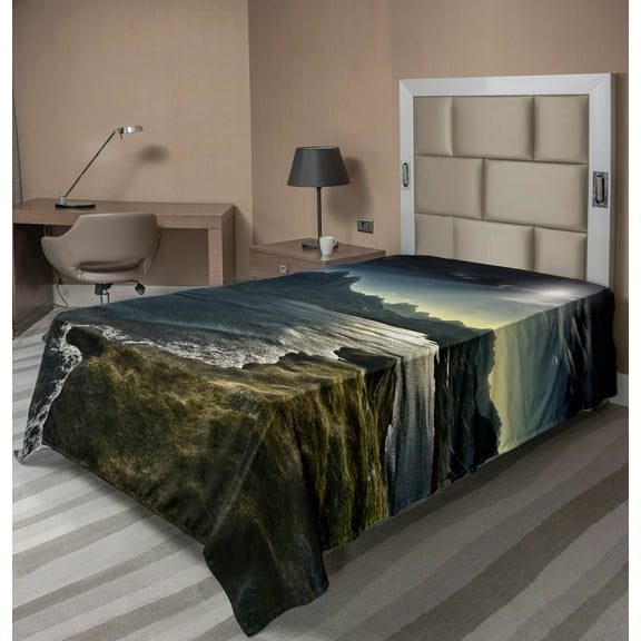 Ambesonne Fantasy Flat Sheet, Mountains with Sun Beams, TwinXL Size, Navy Green