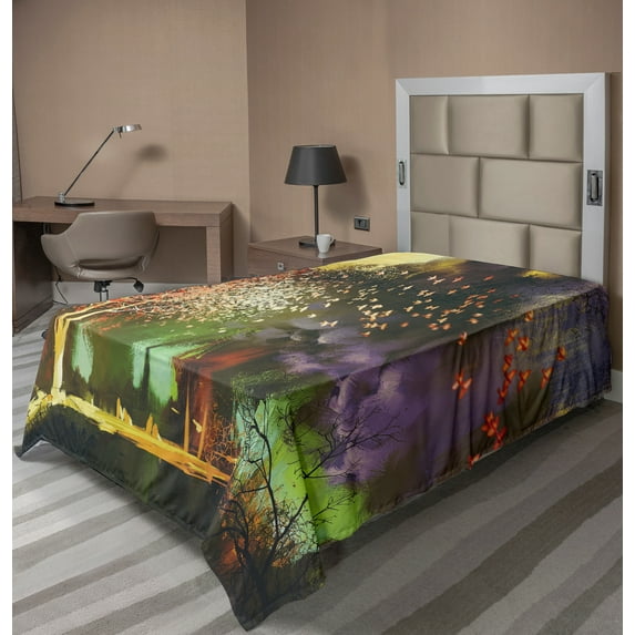 Ambesonne Fantasy Flat Sheet, Mysterious Trees Birds, TwinXL Size, Yellow Purple