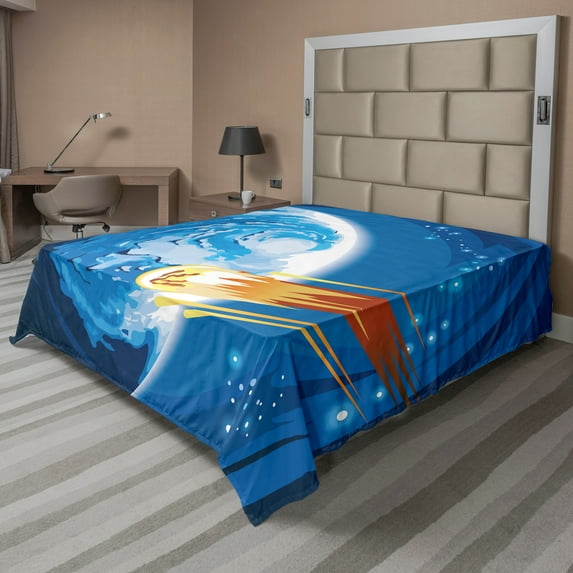 Ambesonne Fantasy Flat Sheet, Planet Galaxy Cosmos, Queen Size, Violet Blue Orange