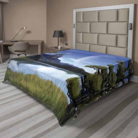 Ambesonne Fantasy Flat Sheet, Riverside Lake Scene, Queen Size, Green and Blue