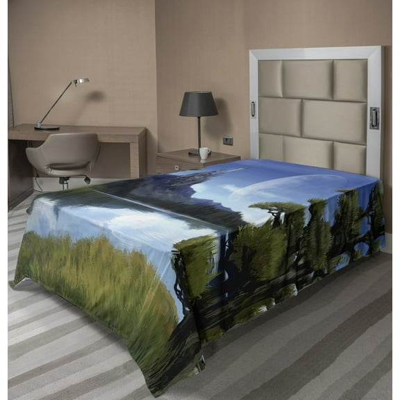 Ambesonne Fantasy Flat Sheet, Riverside Lake Scene, TwinXL Size, Green and Blue