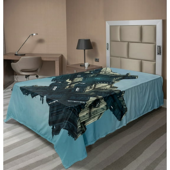 Ambesonne Fantasy Flat Sheet, Sci Fi Alien Ship UFO, TwinXL Size, Pale Blue Grey