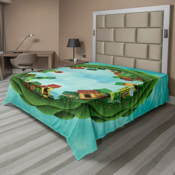 Ambesonne Fantasy Flat Sheet, Small Town Round Art, King Size, Green and Blue