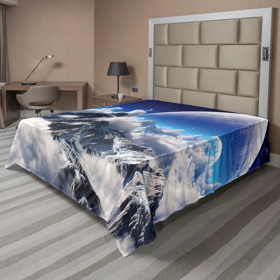 Ambesonne Fantasy Flat Sheet, Snow Capped Mountain, Full Size, White and Navy Blue