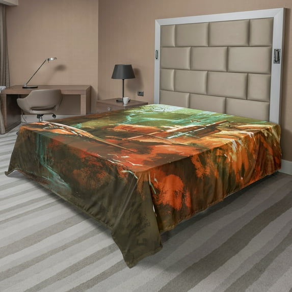 Ambesonne Fantasy Flat Sheet, Spaceship in Canyon, Full Size, Brown