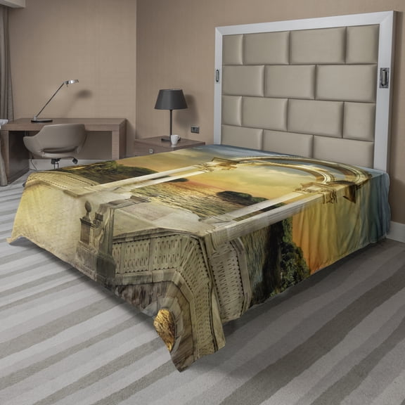 Ambesonne Fantasy Flat Sheet, Surreal Bridge Gateway, Queen Size, White Pale Yellow Green