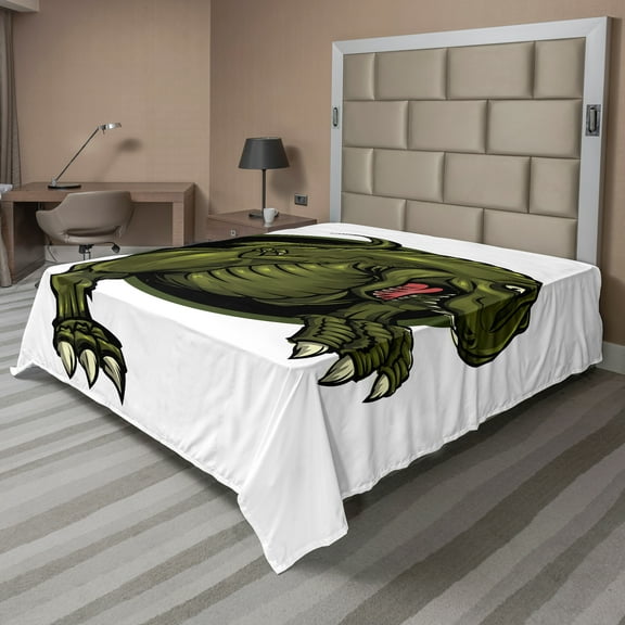 Ambesonne Fantasy Flat Sheet, T-rex Animal, King Size, Olive Green Brown