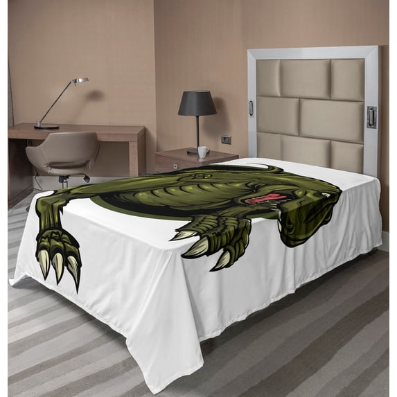 Ambesonne Fantasy Flat Sheet, T-rex Animal, Twin Size, Olive Green Brown
