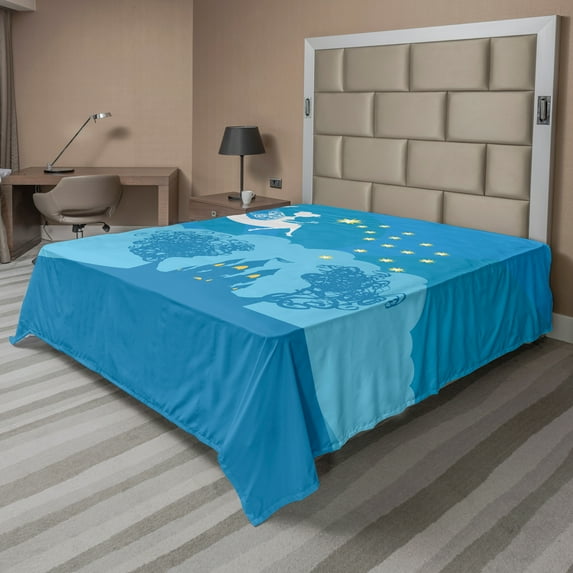Ambesonne Fantasy Flat Sheet, Tale Cartoon Lady Dreamy, Full Size, White and Blue