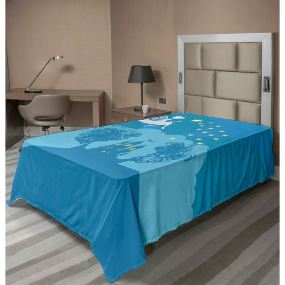 Ambesonne Fantasy Flat Sheet, Tale Cartoon Lady Dreamy, Twin Size, White and Blue