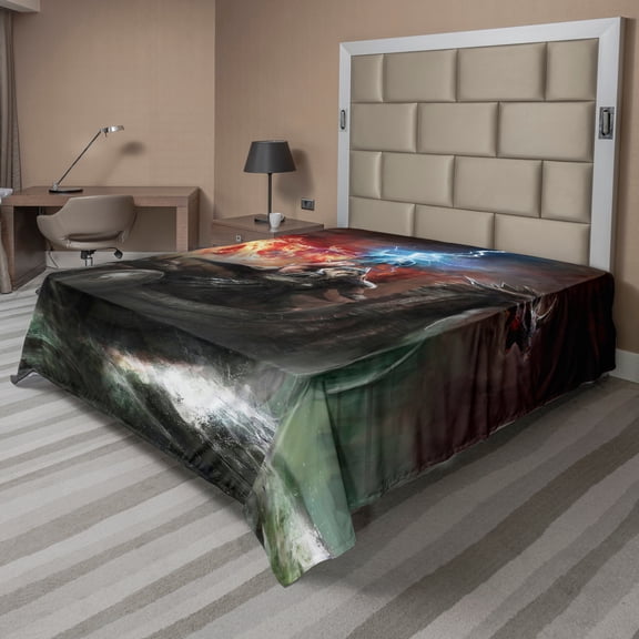 Ambesonne Fantasy Flat Sheet, Thunder Storm Vikings, King Size, Grey Orange