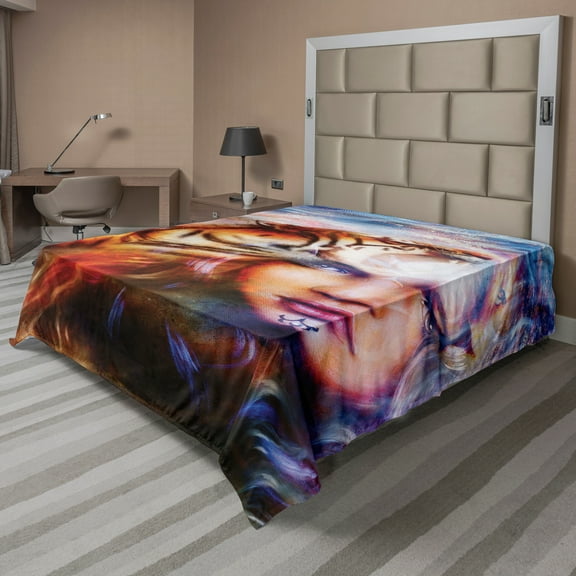 Ambesonne Fantasy Flat Sheet, Tiger and Lion Head, King Size, Yellow Brown Blue