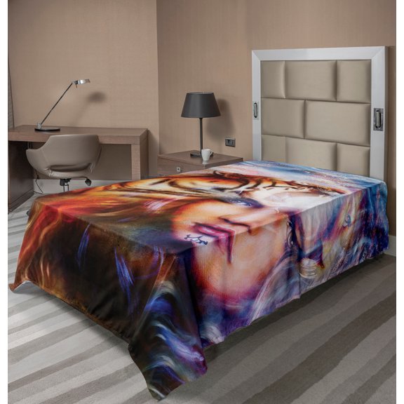 Ambesonne Fantasy Flat Sheet, Tiger and Lion Head, TwinXL Size, Yellow Brown Blue