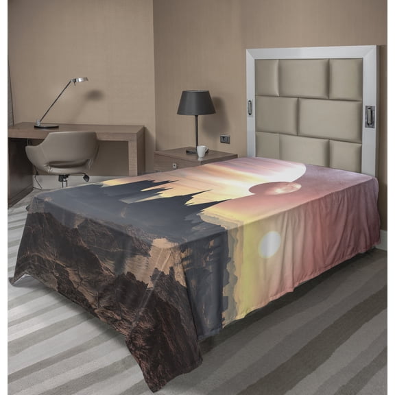Ambesonne Fantasy Flat Sheet, Twin Moons over Planet, TwinXL Size, Blush Yellow Dark Brown