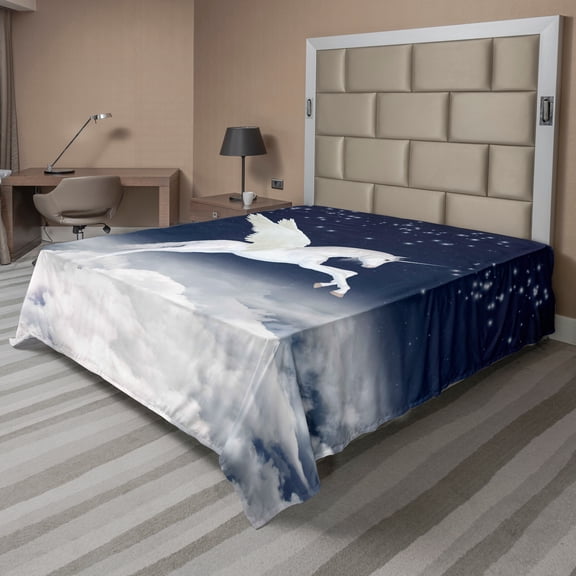 Ambesonne Fantasy Flat Sheet, Unicorn Animal, California King, White Blue