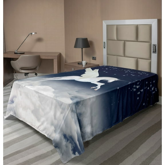 Ambesonne Fantasy Flat Sheet, Unicorn Animal, Twin Size, White Blue