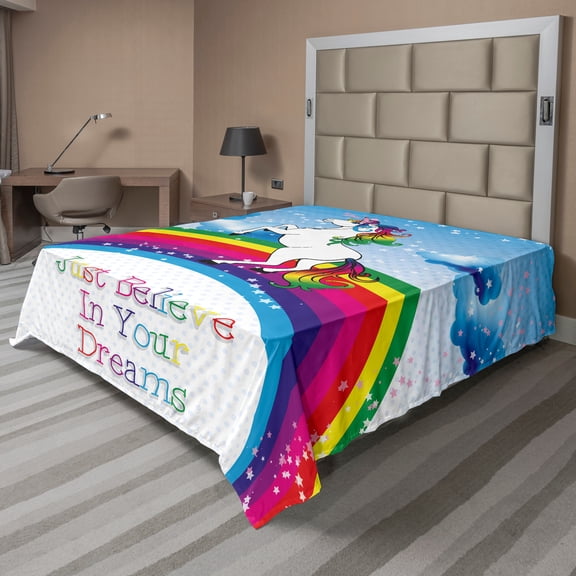 Ambesonne Fantasy Flat Sheet, Unicorn Rainbow Fantasy, California King, Multicolor