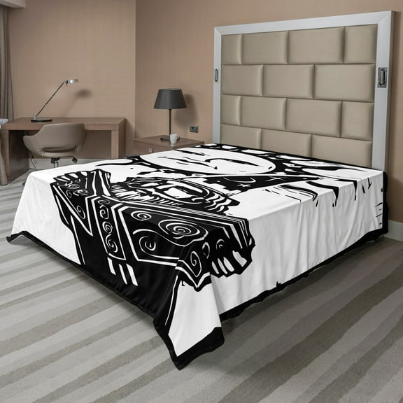 Ambesonne Fantasy Flat Sheet, Wizard with Magic Book, King Size, White Black