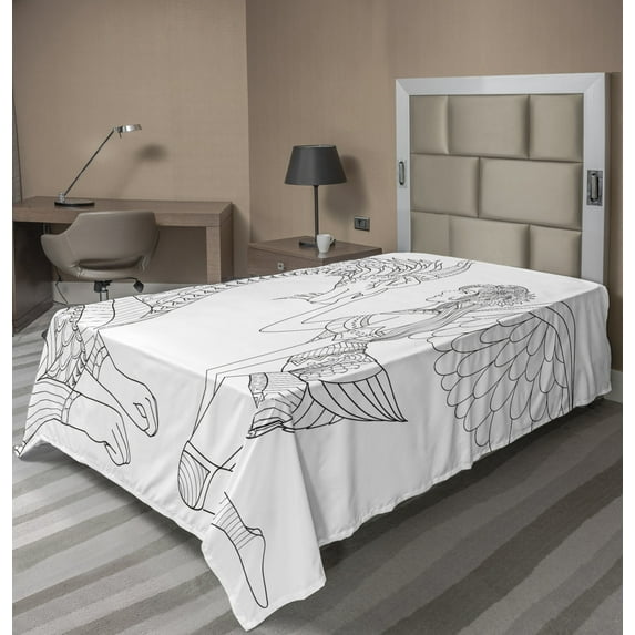Ambesonne Fantasy Flat Sheet, Woman and Dragon, TwinXL Size, Black White