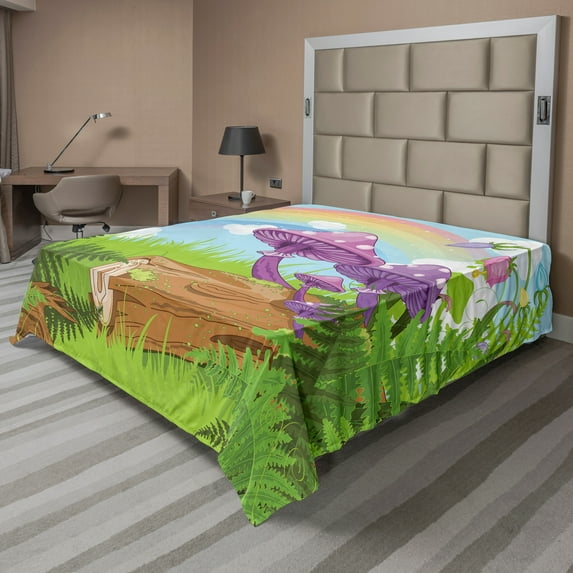 Ambesonne Fantasy Flat Sheet, Woods Grass Cartoon Art, California King, Multicolor