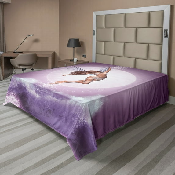 Ambesonne Fantasy Flat Sheet, on Purple Waves Moon, Full Size, Eggplant Quartz Pale Rust