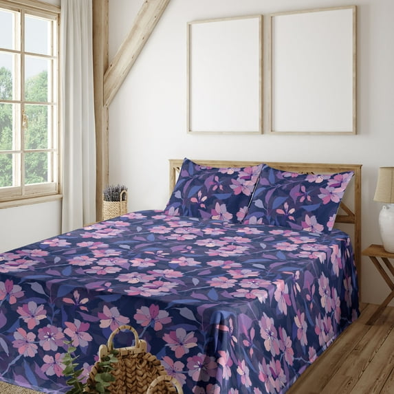 Ambesonne Fantasy Floral Fitted & Flat Sheet with Sham 3 Pcs Set, Night Flowers Petals, Twin, Indigo Pale Pink Mauve