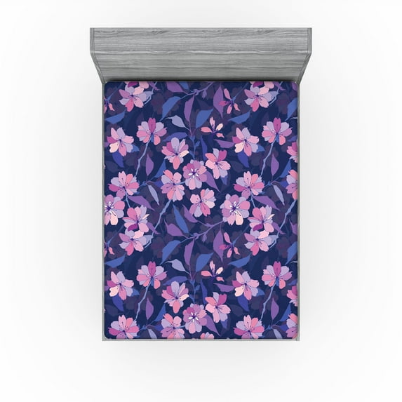 Ambesonne Fantasy Floral Fitted Sheet, Night Flowers Petals, King Size, Indigo Pale Pink Mauve