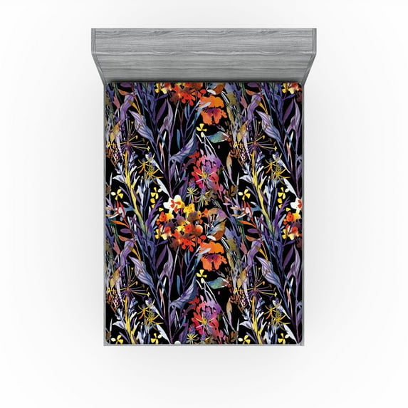 Ambesonne Fantasy Garden Fitted Sheet, Purplish Leaves Art, Full Size, Blue Violet Vermilion
